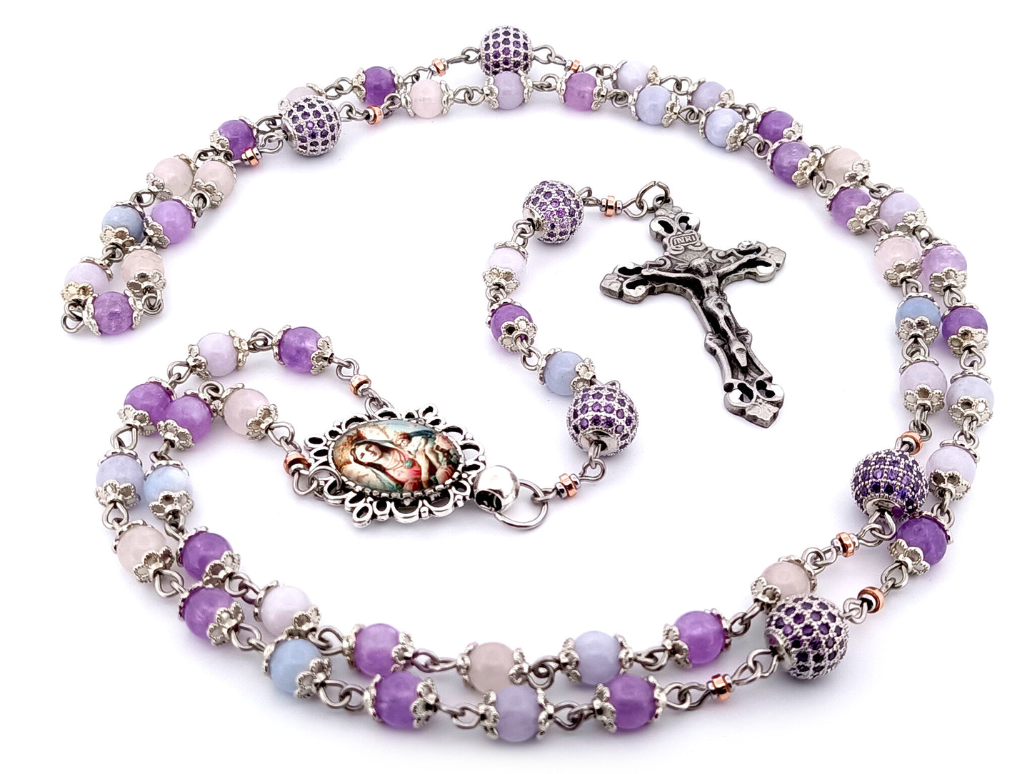 Our Lady of Perpetual Succor unique rosary beads aqua marine, rose quartz and amethyst gemstone rosary with pewter filigree crucifix.