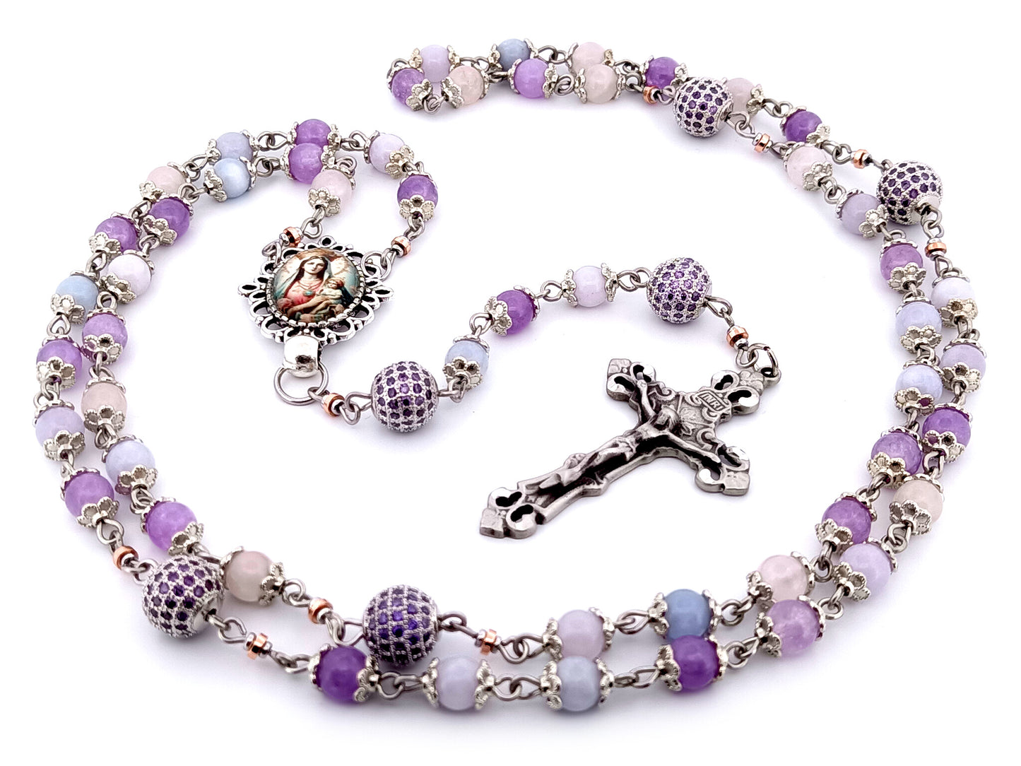 Our Lady of Perpetual Succor unique rosary beads aqua marine, rose quartz and amethyst gemstone rosary with pewter filigree crucifix.
