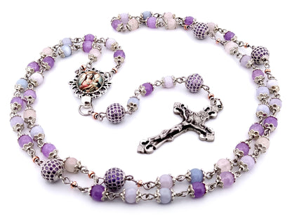 Our Lady of Perpetual Succor unique rosary beads aqua marine, rose quartz and amethyst gemstone rosary with pewter filigree crucifix.