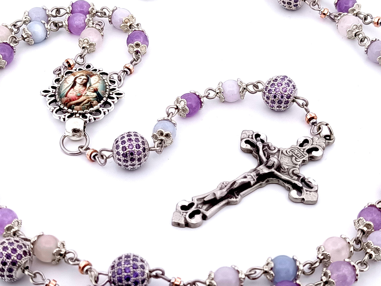 Our Lady of Perpetual Succor unique rosary beads aqua marine, rose quartz and amethyst gemstone rosary with pewter filigree crucifix.