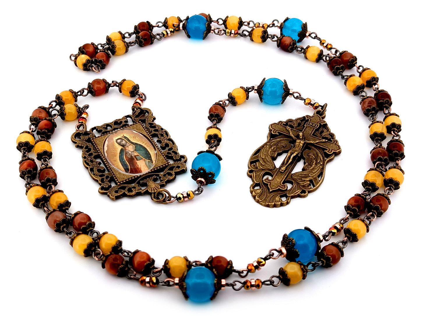 Our Lady of Guadalupe unique rosary beads tigers eye and yellow jade gemstone rosary with bronze two angels crucifix.