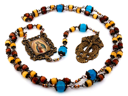 Our Lady of Guadalupe unique rosary beads tigers eye and yellow jade gemstone rosary with bronze two angels crucifix.