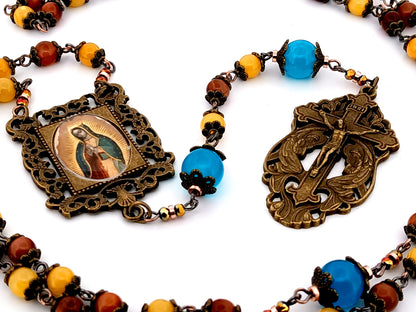 Our Lady of Guadalupe unique rosary beads tigers eye and yellow jade gemstone rosary with bronze two angels crucifix.
