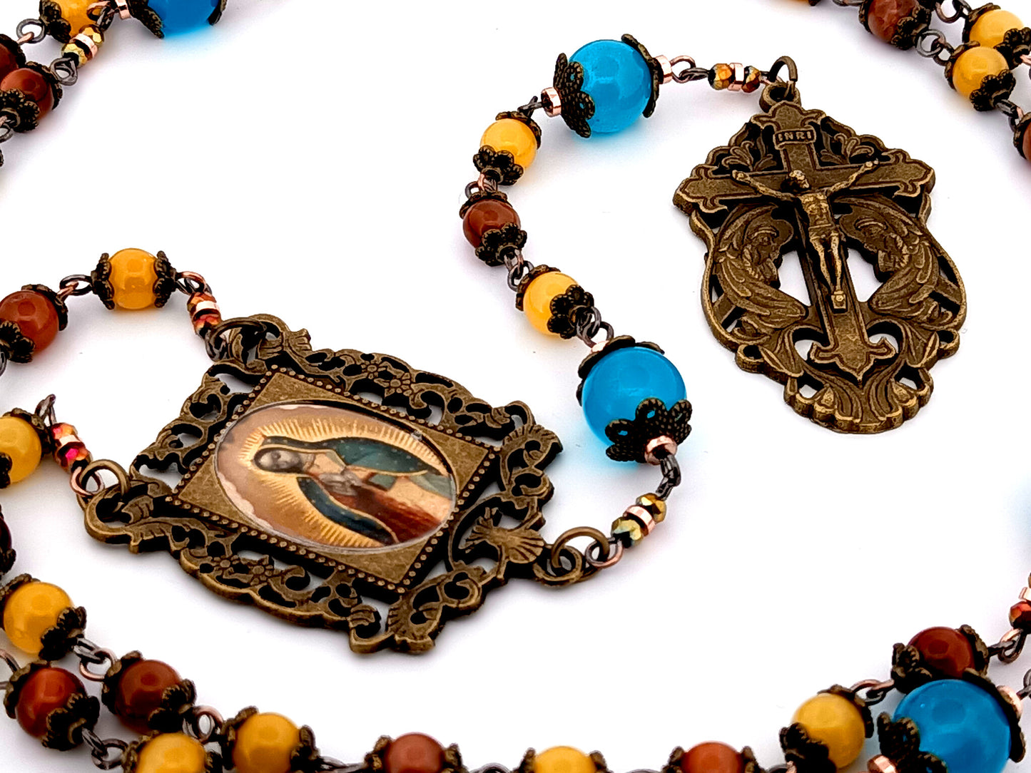 Our Lady of Guadalupe unique rosary beads tigers eye and yellow jade gemstone rosary with bronze two angels crucifix.
