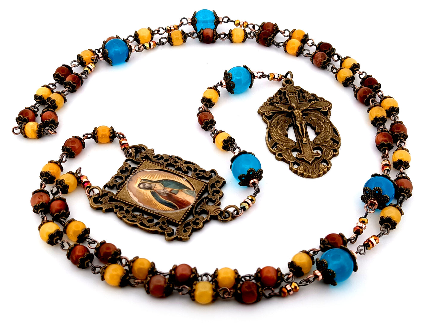 Our Lady of Guadalupe unique rosary beads tigers eye and yellow jade gemstone rosary with bronze two angels crucifix.