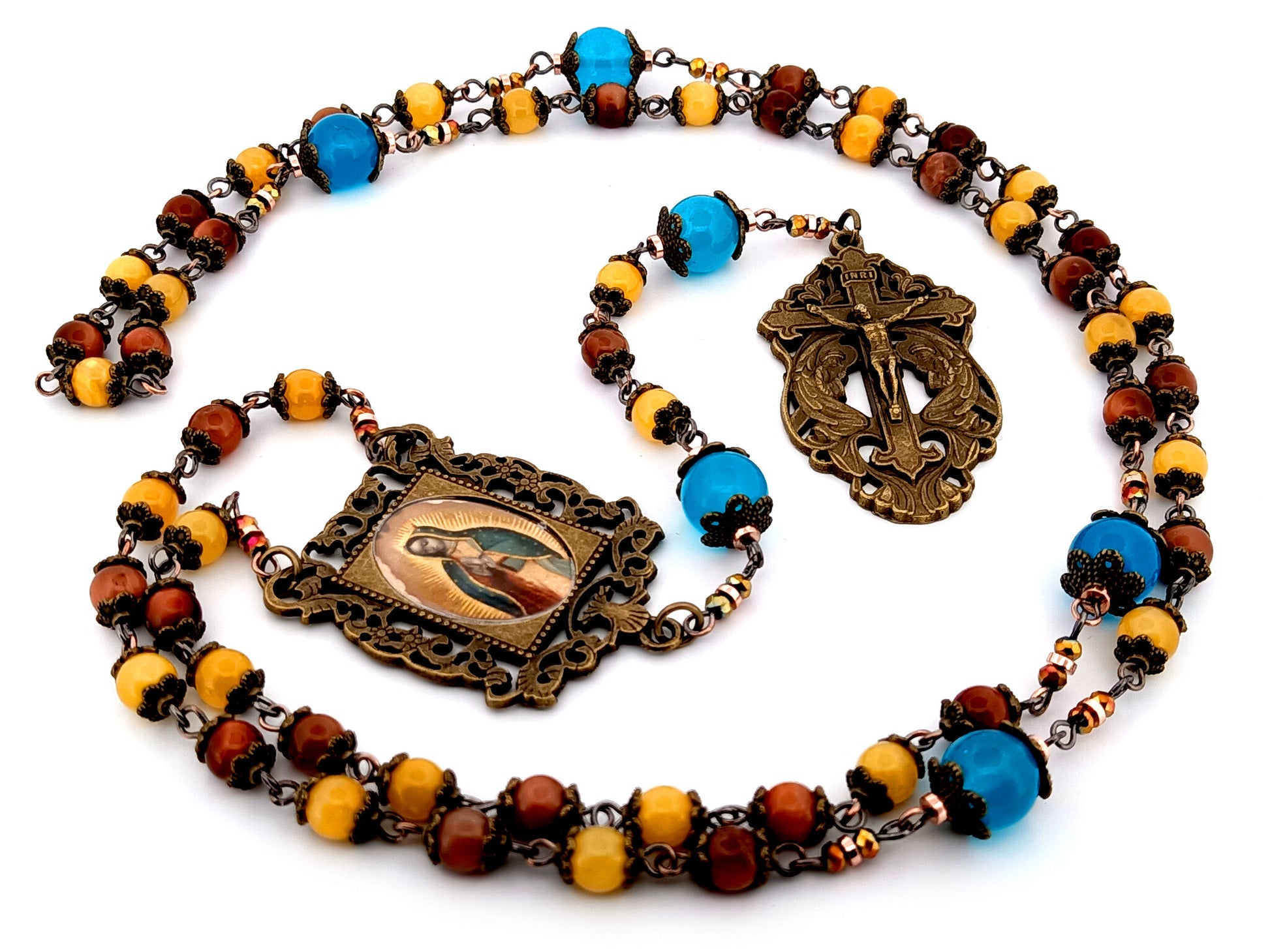 Our Lady of Guadalupe unique rosary beads tigers eye and yellow jade gemstone rosary with bronze two angels crucifix.