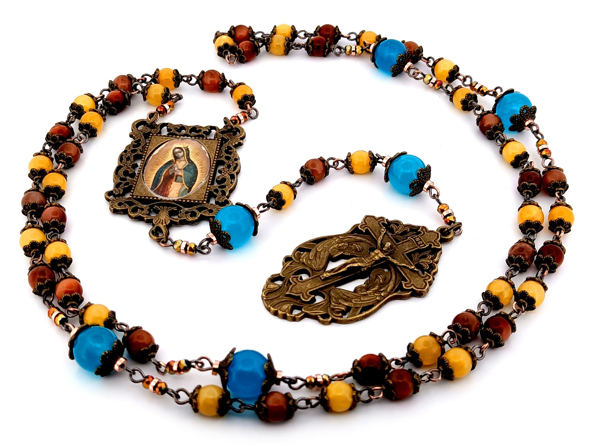 Our Lady of Guadalupe unique rosary beads tigers eye and yellow jade gemstone rosary with bronze two angels crucifix.