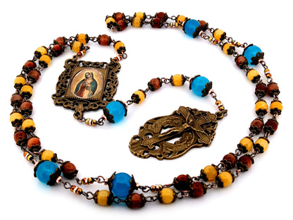 Our Lady of Guadalupe unique rosary beads tigers eye and yellow jade gemstone rosary with bronze two angels crucifix.