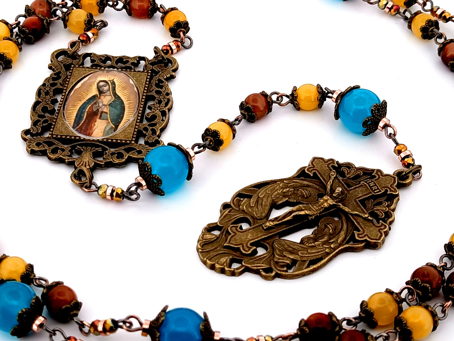 Our Lady of Guadalupe unique rosary beads tigers eye and yellow jade gemstone rosary with bronze two angels crucifix.