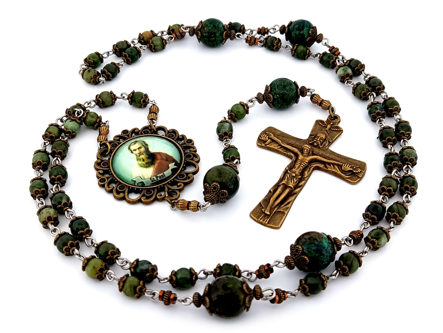 Saint Paul unique rosary beads moss jasper gemstone rosary beads with bronze Holy Trinity crucifix.