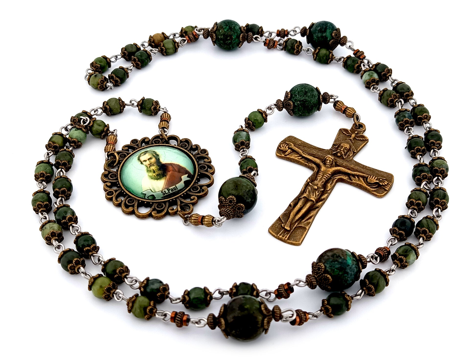Saint Paul unique rosary beads moss jasper gemstone rosary beads with bronze Holy Trinity crucifix.