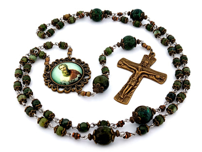 Saint Paul unique rosary beads moss jasper gemstone rosary beads with bronze Holy Trinity crucifix.
