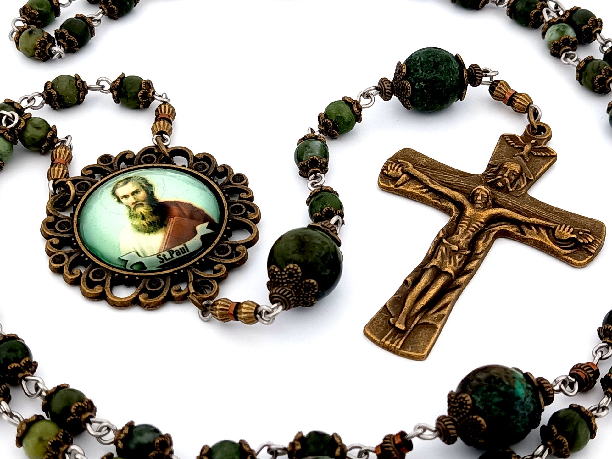 Saint Paul unique rosary beads moss jasper gemstone rosary beads with bronze Holy Trinity crucifix.