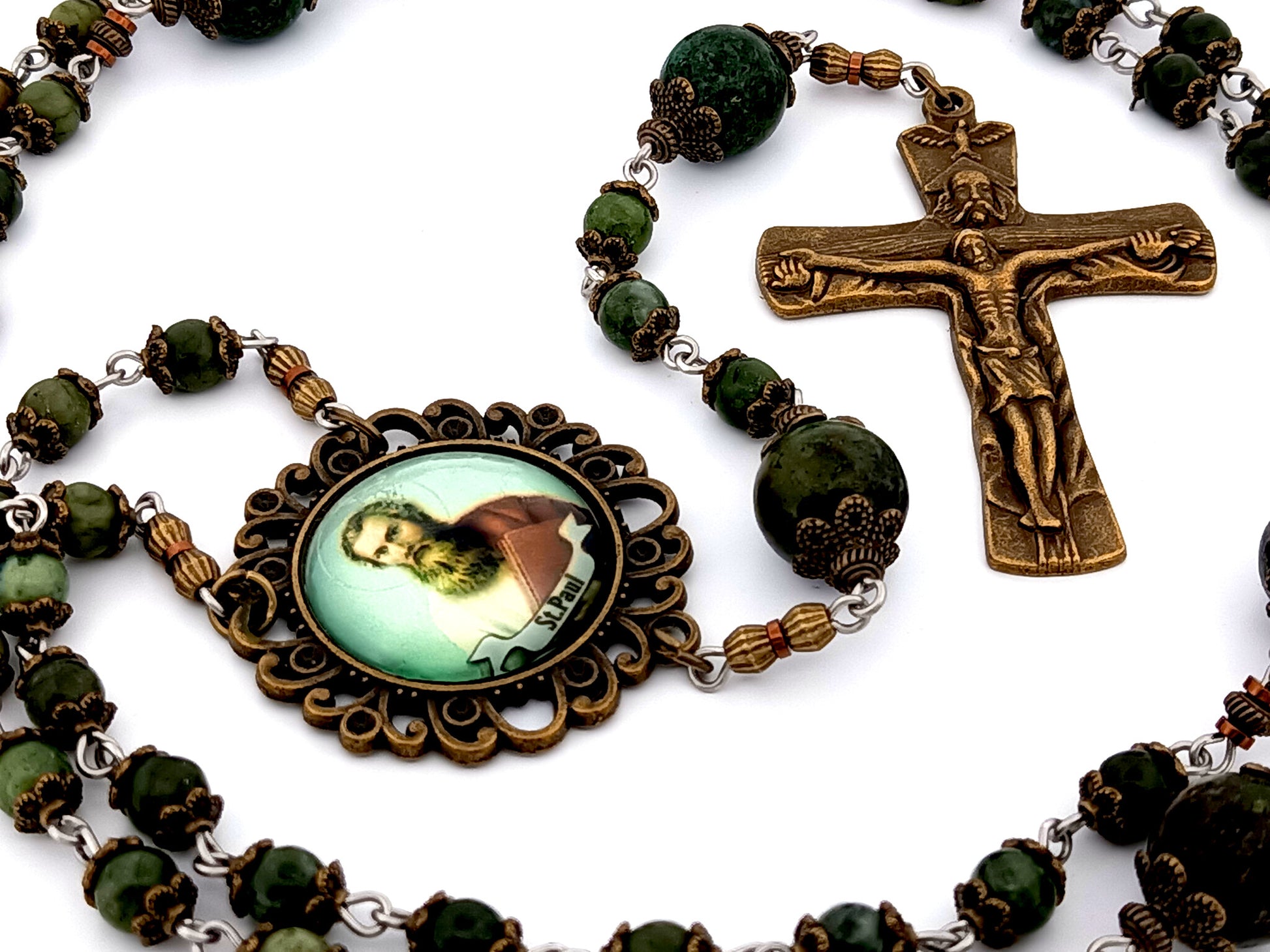 Saint Paul unique rosary beads moss jasper gemstone rosary beads with bronze Holy Trinity crucifix.