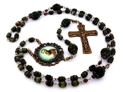 Saint Paul unique rosary beads moss jasper gemstone rosary beads with bronze Holy Trinity crucifix.