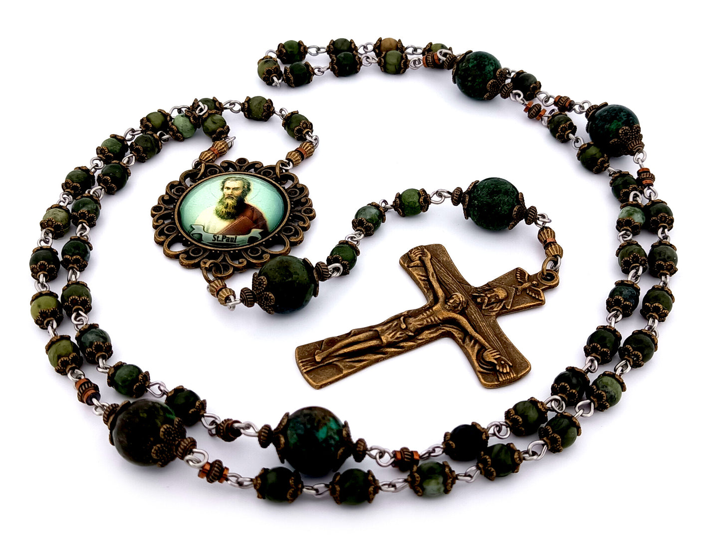 Saint Paul unique rosary beads moss jasper gemstone rosary beads with bronze Holy Trinity crucifix.