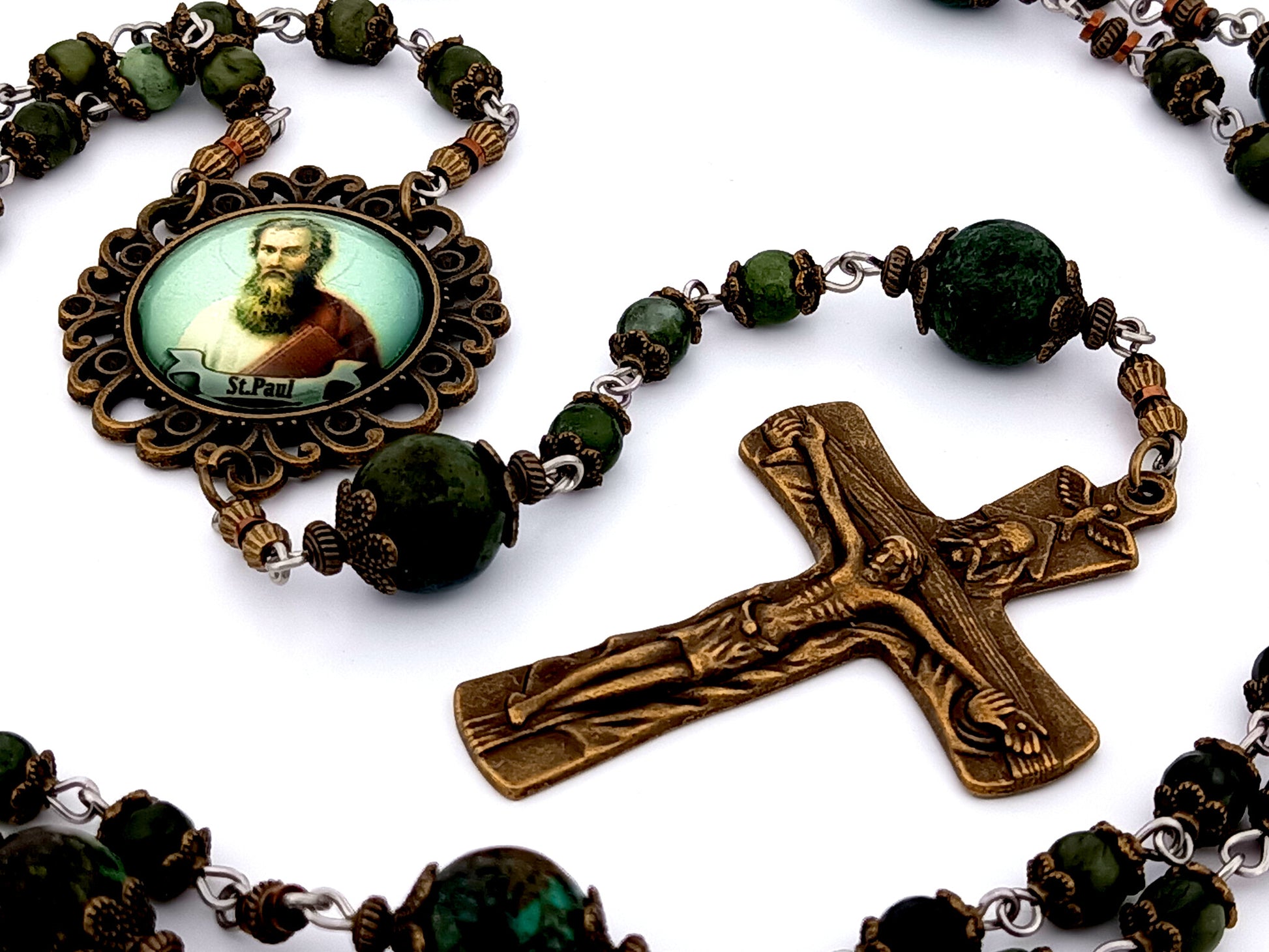 Saint Paul unique rosary beads moss jasper gemstone rosary beads with bronze Holy Trinity crucifix.