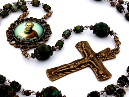 Saint Paul unique rosary beads moss jasper gemstone rosary beads with bronze Holy Trinity crucifix.