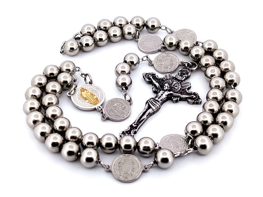 Saint Benedict unique rosary beads wearable stainless steel rosary with stainless steel sunburst crucifix.