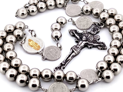 Saint Benedict unique rosary beads wearable stainless steel rosary with stainless steel sunburst crucifix.