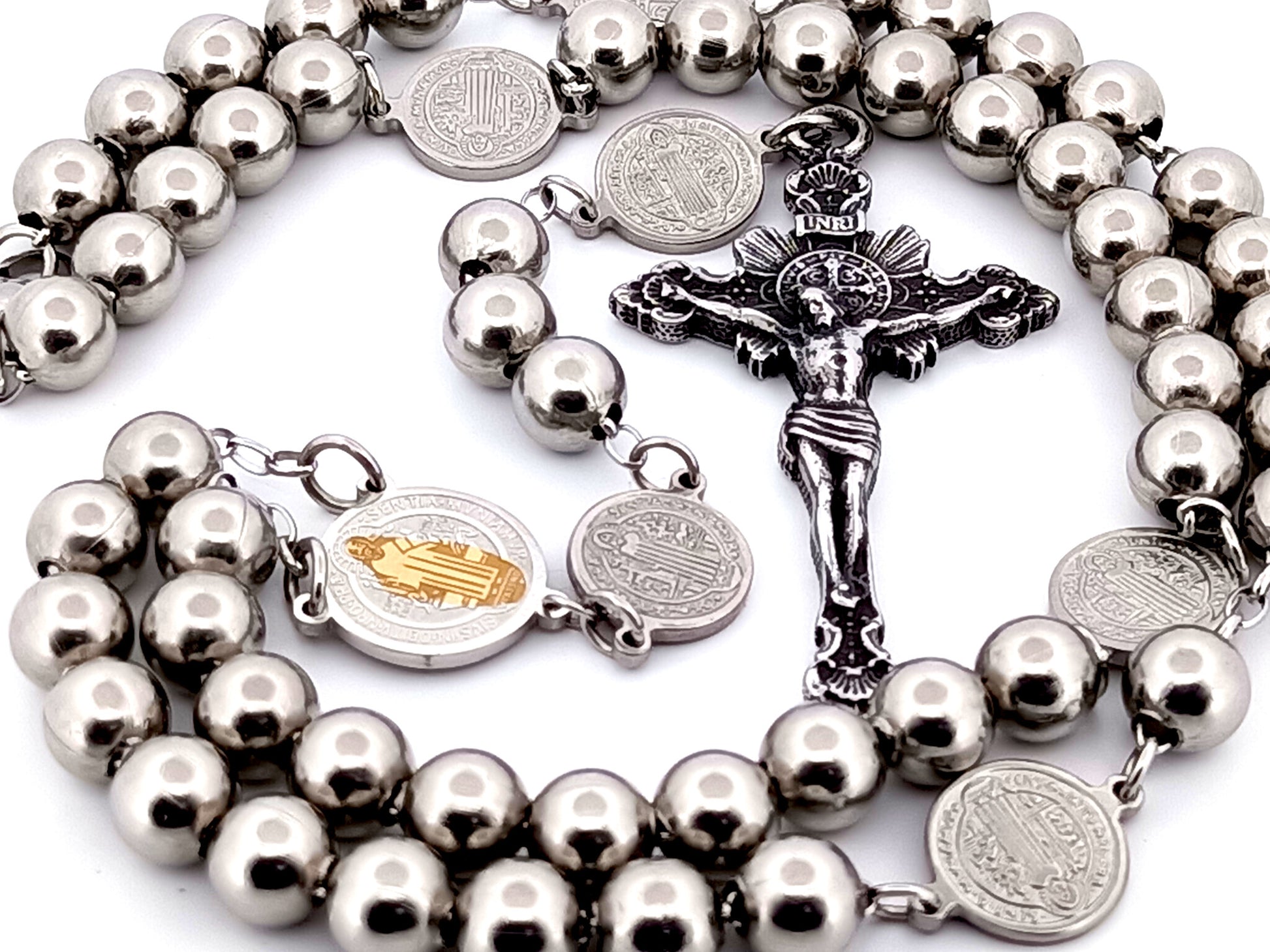 Saint Benedict unique rosary beads wearable stainless steel rosary with stainless steel sunburst crucifix.