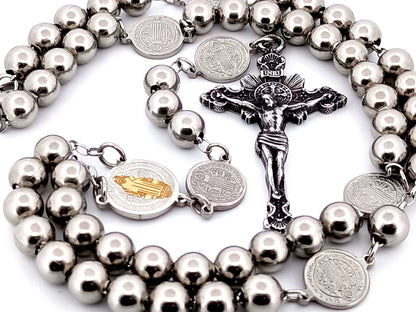 Saint Benedict unique rosary beads wearable stainless steel rosary with stainless steel sunburst crucifix.