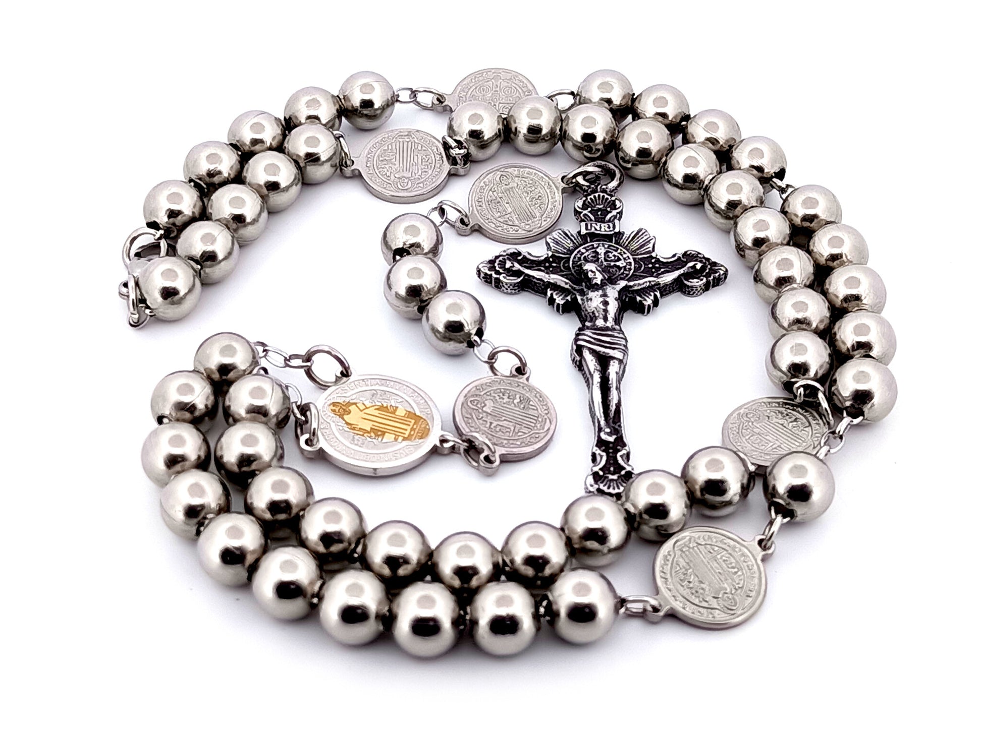 Saint Benedict unique rosary beads wearable stainless steel rosary with stainless steel sunburst crucifix.
