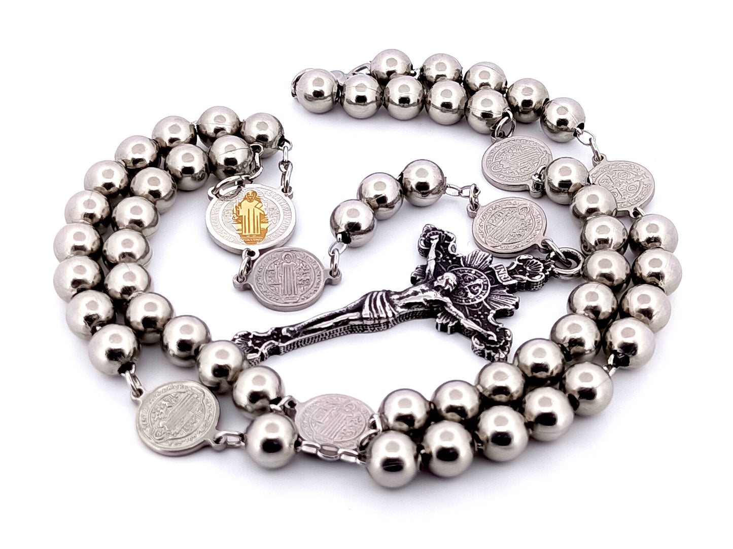 Saint Benedict unique rosary beads wearable stainless steel rosary with stainless steel sunburst crucifix.