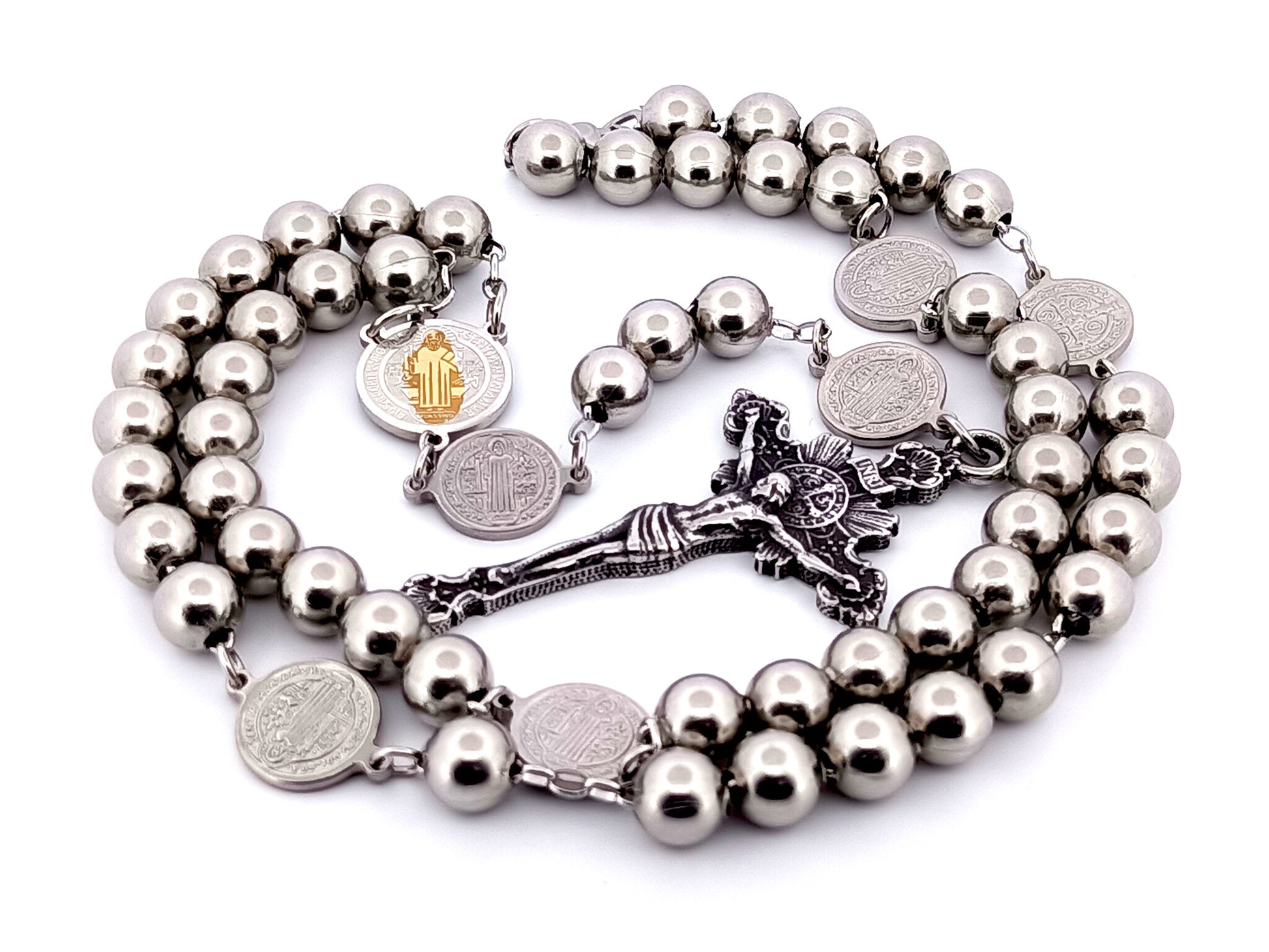 Saint Benedict unique rosary beads wearable stainless steel rosary with stainless steel sunburst crucifix.