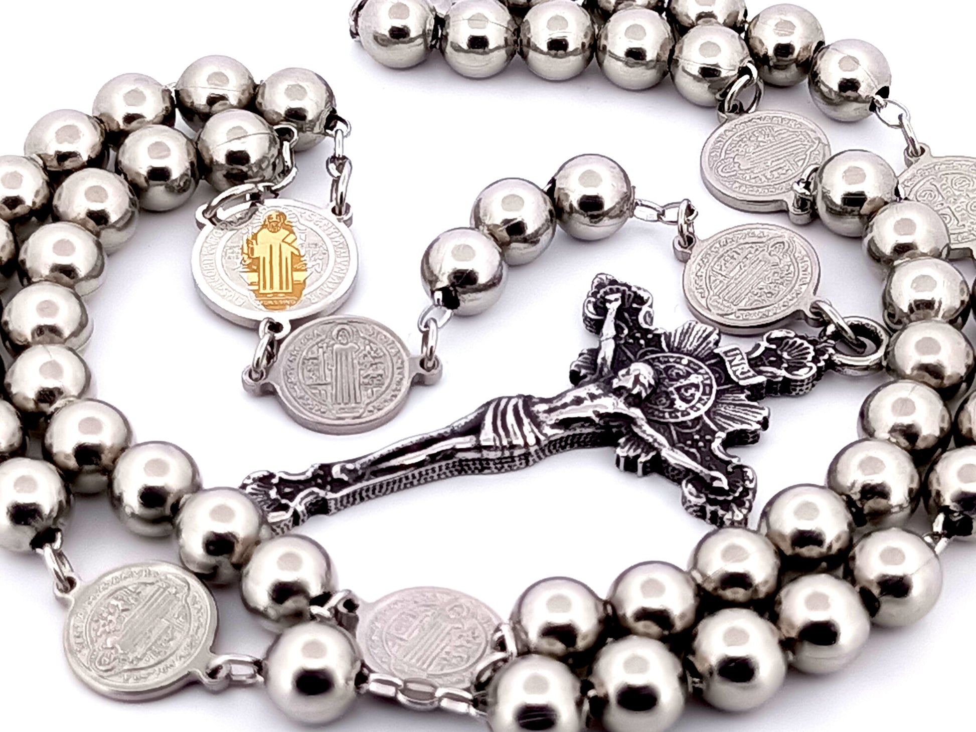 Saint Benedict unique rosary beads wearable stainless steel rosary with stainless steel sunburst crucifix.