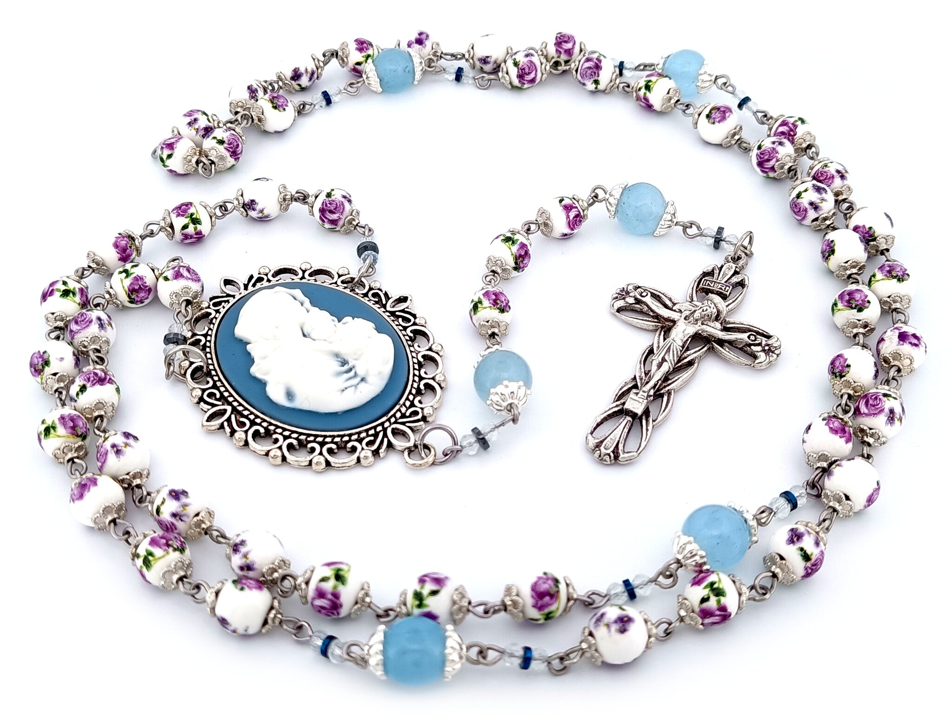 Virgin Mary and Child Jesus unique rosary beads cameo floral porcelain and blue glass rosary with lily crucifix.