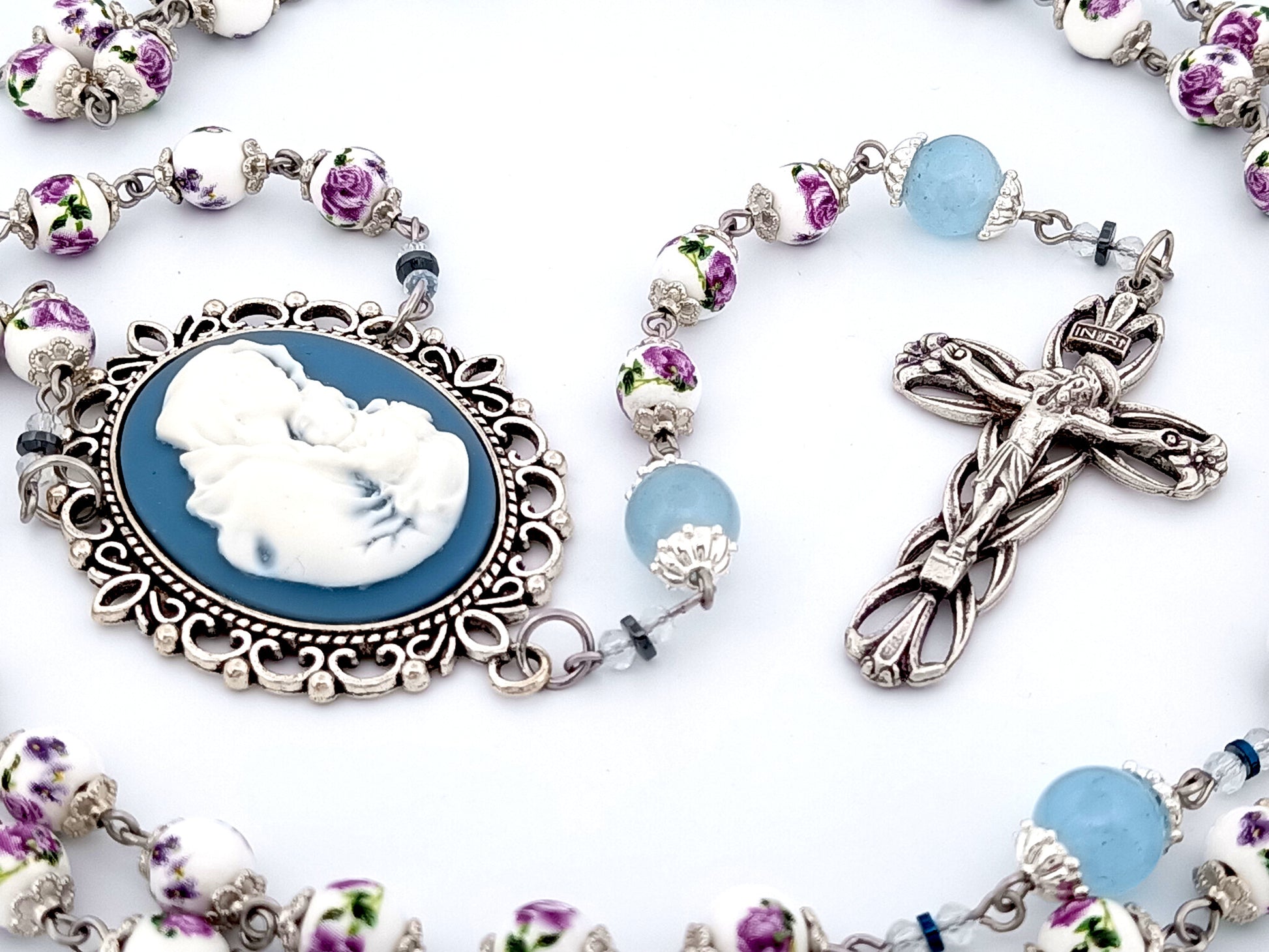 Virgin Mary and Child Jesus unique rosary beads cameo floral porcelain and blue glass rosary with lily crucifix.