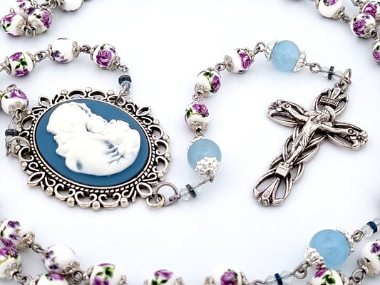 Virgin Mary and Child Jesus unique rosary beads cameo floral porcelain and blue glass rosary with lily crucifix.