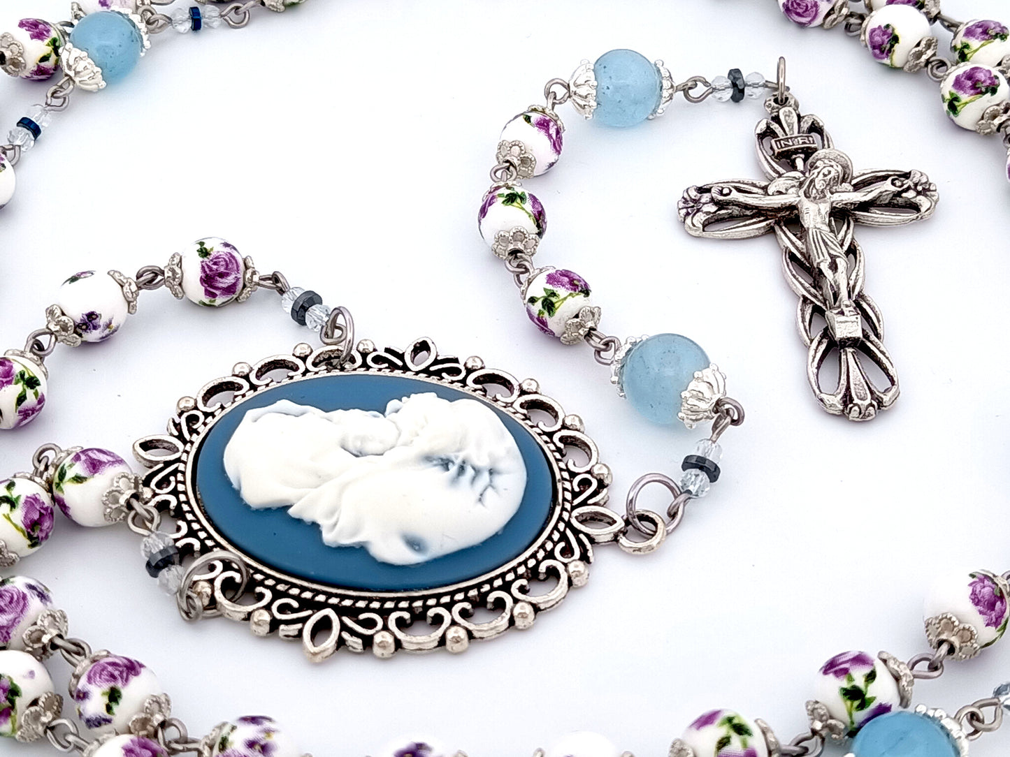 Virgin Mary and Child Jesus unique rosary beads cameo floral porcelain and blue glass rosary with lily crucifix.