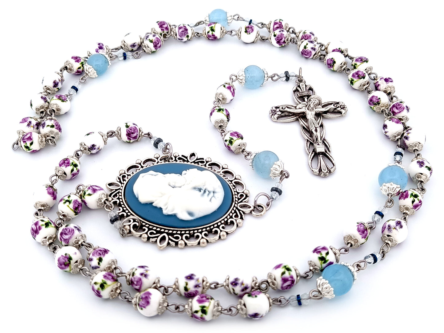 Virgin Mary and Child Jesus unique rosary beads cameo floral porcelain and blue glass rosary with lily crucifix.