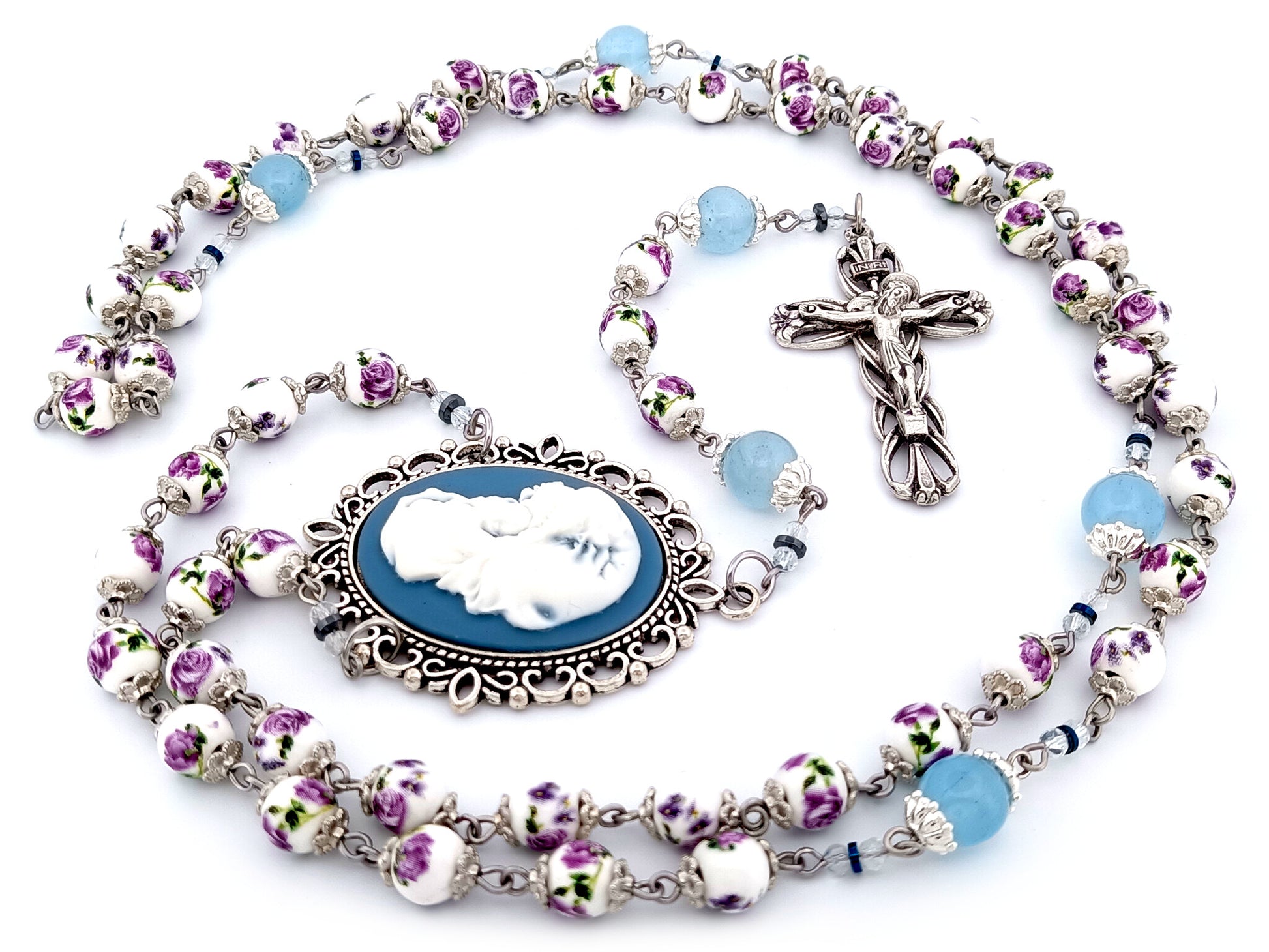 Virgin Mary and Child Jesus unique rosary beads cameo floral porcelain and blue glass rosary with lily crucifix.