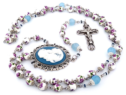 Virgin Mary and Child Jesus unique rosary beads cameo floral porcelain and blue glass rosary with lily crucifix.