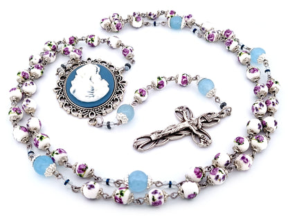 Virgin Mary and Child Jesus unique rosary beads cameo floral porcelain and blue glass rosary with lily crucifix.