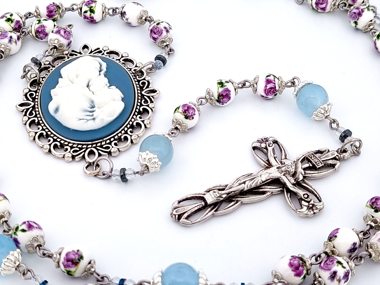 Virgin Mary and Child Jesus unique rosary beads cameo floral porcelain and blue glass rosary with lily crucifix.