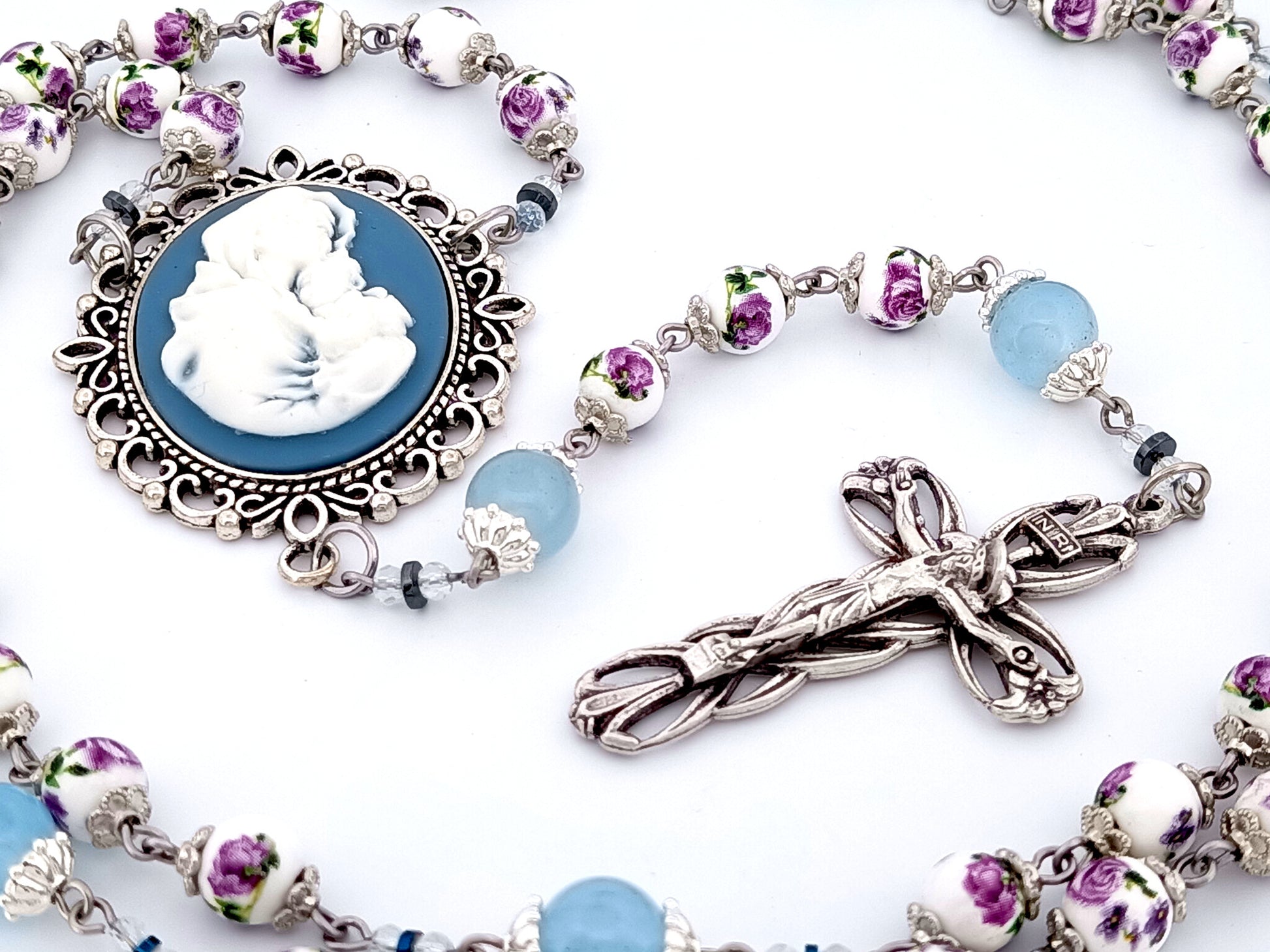 Virgin Mary and Child Jesus unique rosary beads cameo floral porcelain and blue glass rosary with lily crucifix.