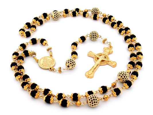 Miraculous Medal unique rosary beads onyx gemstone and gold cubic zirconia rosary with gold plated pewter Claddagh crucifix.