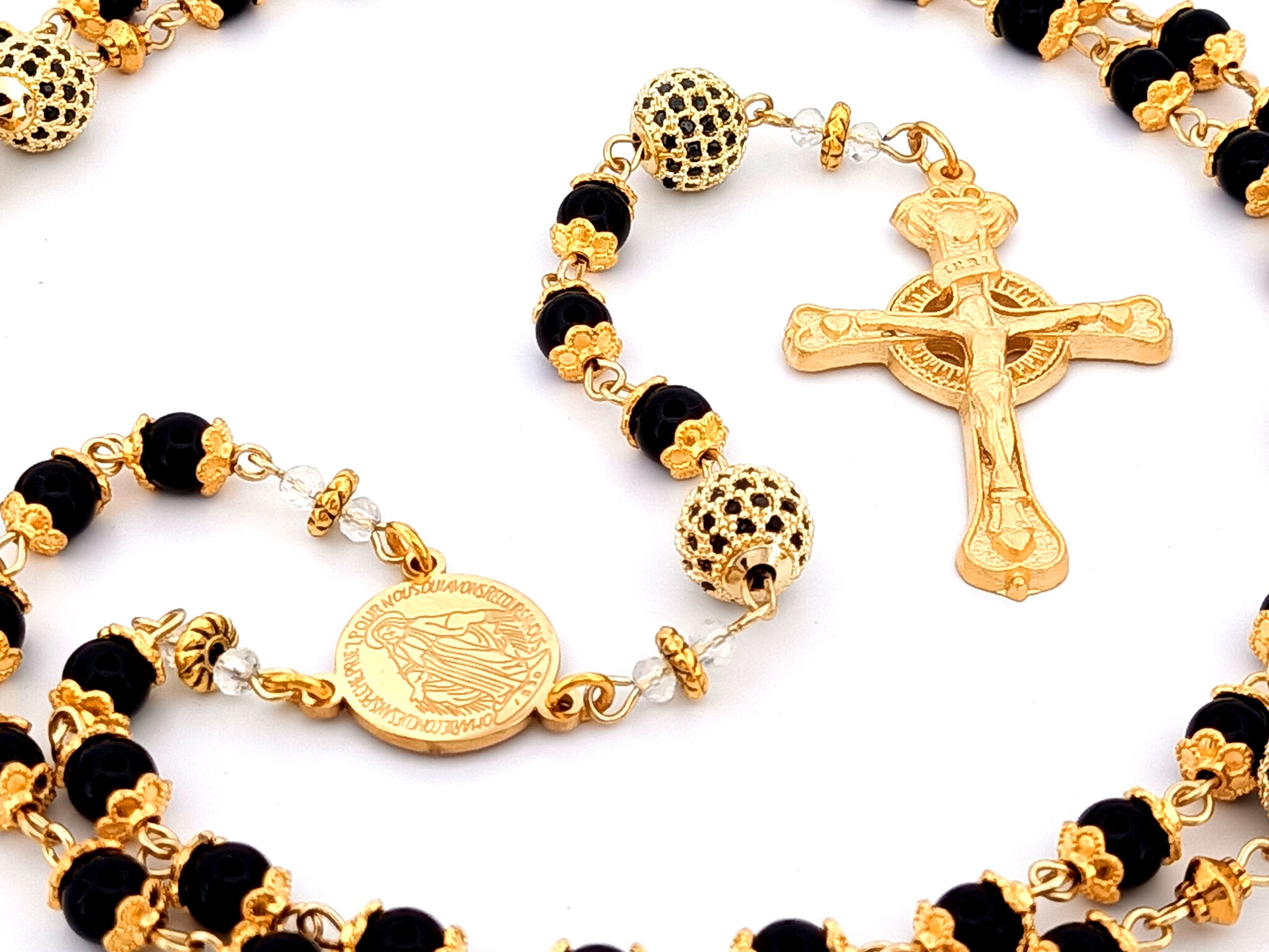 Miraculous Medal unique rosary beads onyx gemstone and gold cubic zirconia rosary with gold plated pewter Claddagh crucifix.