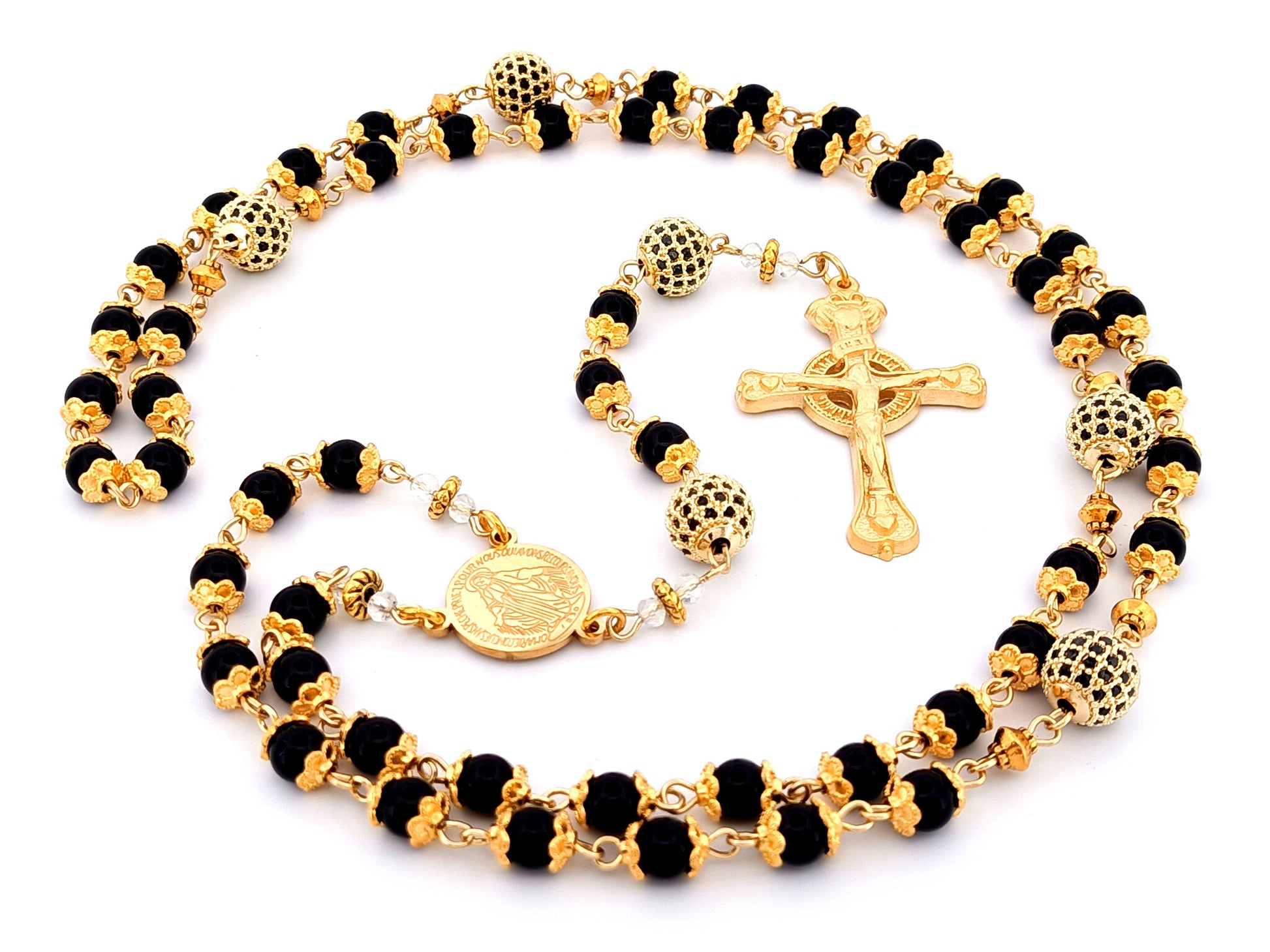 Miraculous Medal unique rosary beads onyx gemstone and gold cubic zirconia rosary with gold plated pewter Claddagh crucifix.