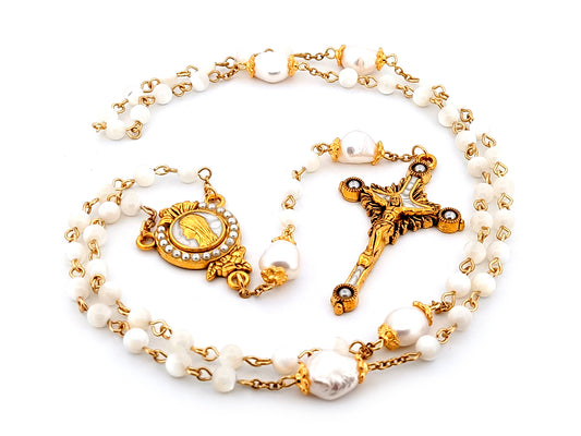 Virgin Mary unique rosary beads mother of pearl and fresh water pearl rosary with gold plated pearl sunburst crucifix.