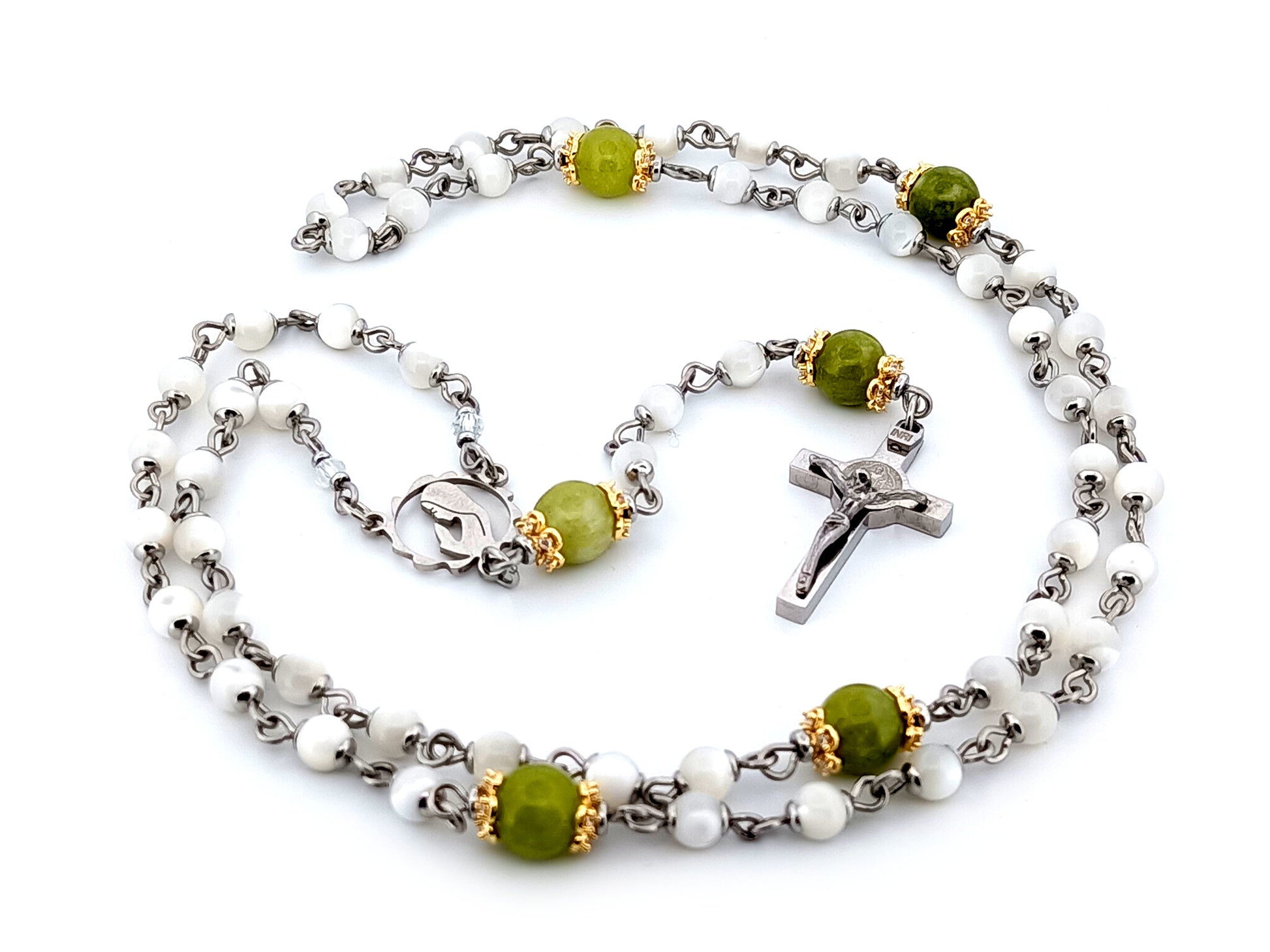 Virgin Mary unique rosary beads mother of pearl and peridot gemstone rosary with stainless steel Saint Benedict crucifix.