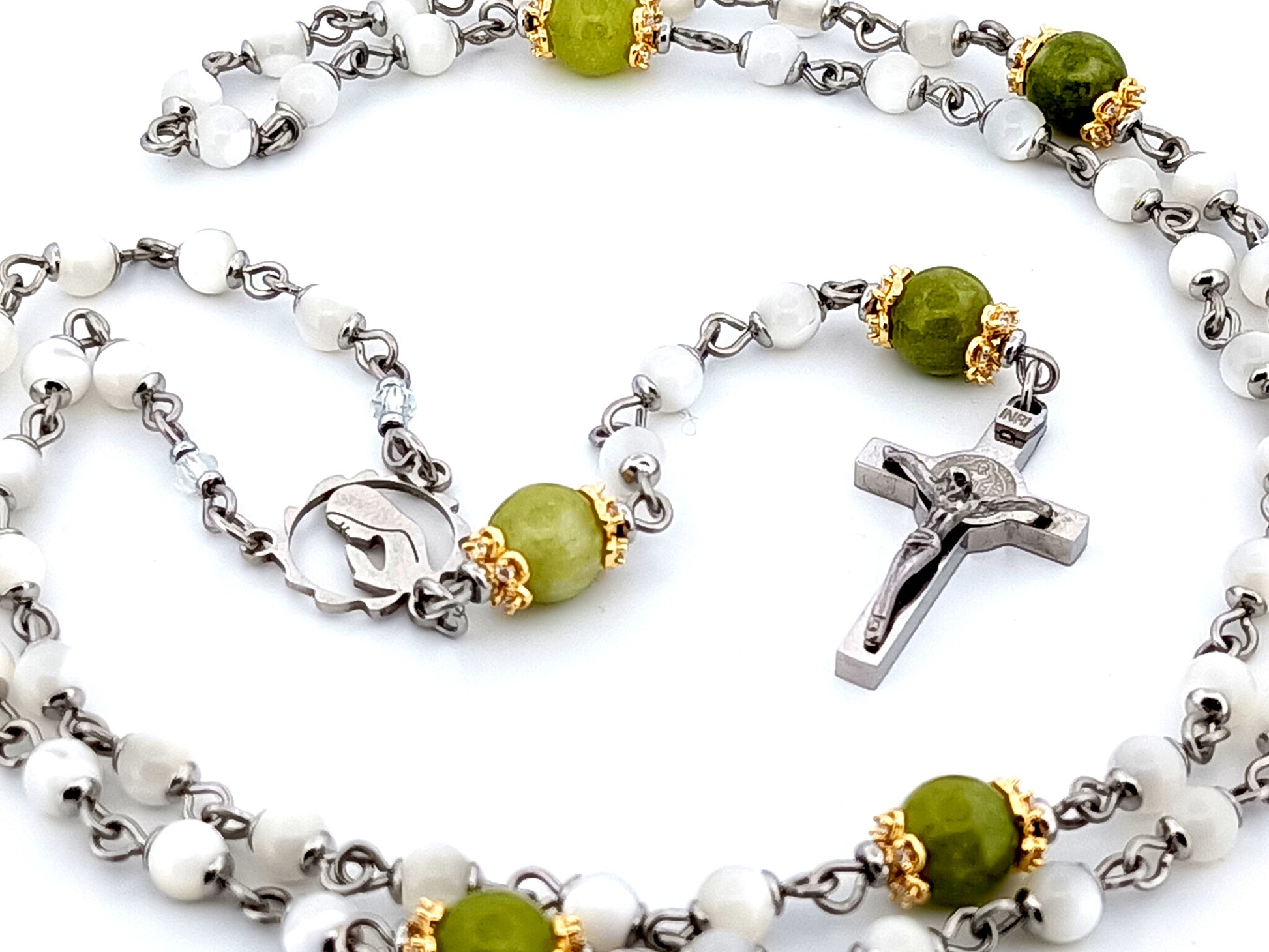 Virgin Mary unique rosary beads mother of pearl and peridot gemstone rosary with stainless steel Saint Benedict crucifix.
