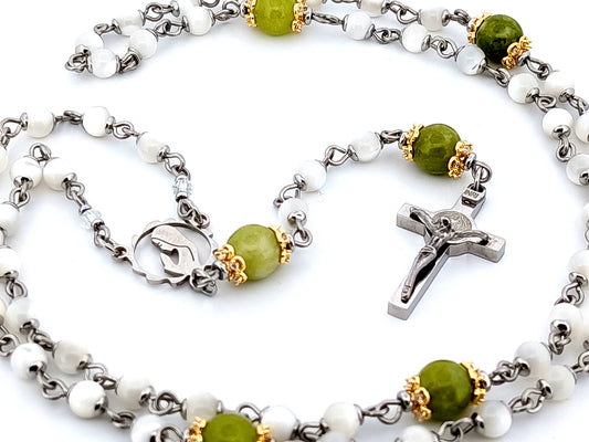 Virgin Mary unique rosary beads mother of pearl and peridot gemstone rosary with stainless steel Saint Benedict crucifix.
