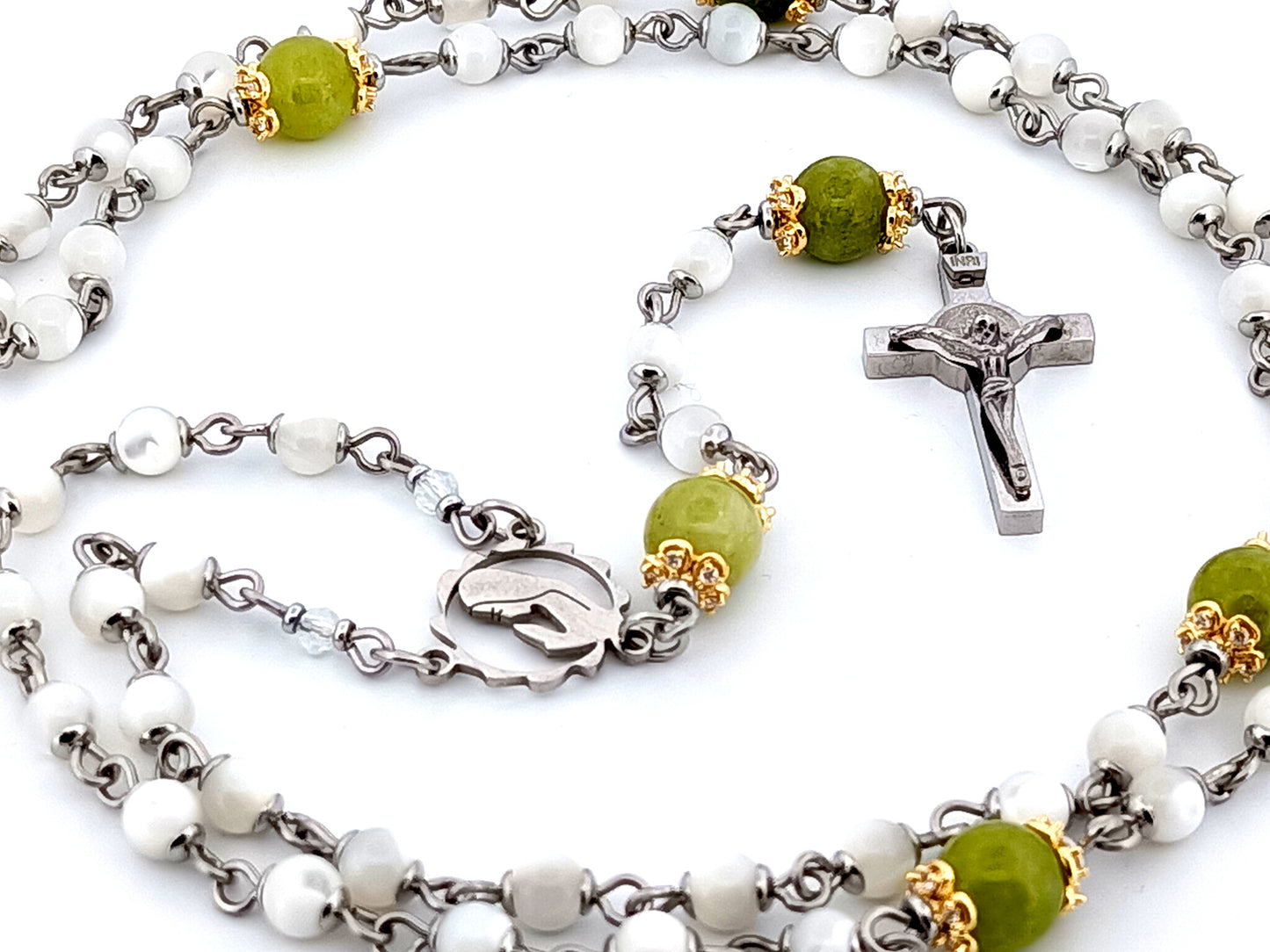 Virgin Mary unique rosary beads mother of pearl and peridot gemstone rosary with stainless steel Saint Benedict crucifix.
