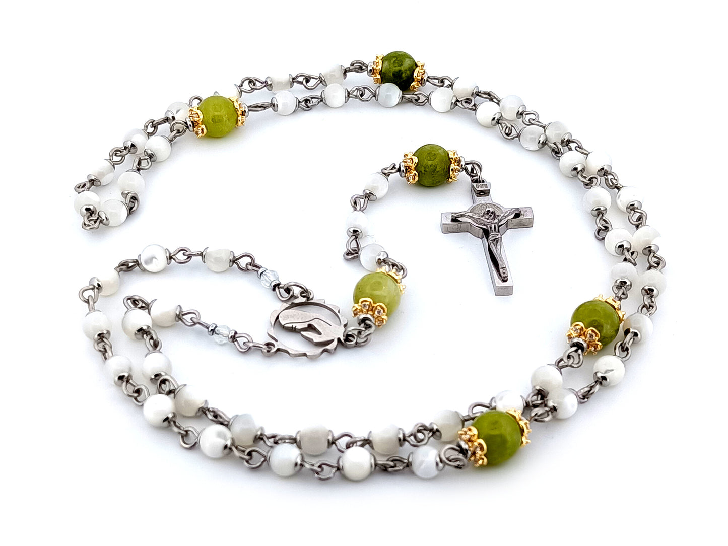 Virgin Mary unique rosary beads mother of pearl and peridot gemstone rosary with stainless steel Saint Benedict crucifix.