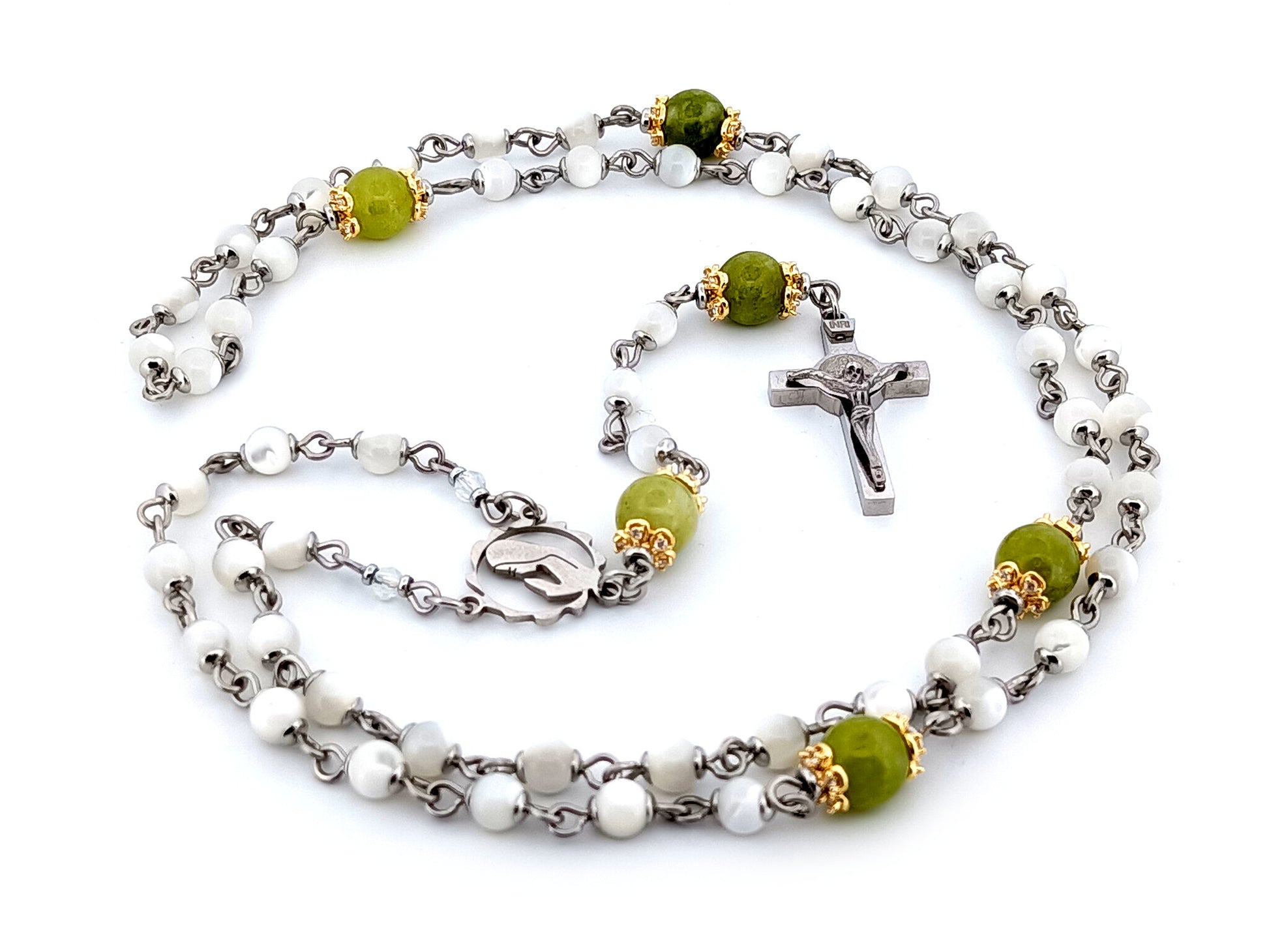 Virgin Mary unique rosary beads mother of pearl and peridot gemstone rosary with stainless steel Saint Benedict crucifix.